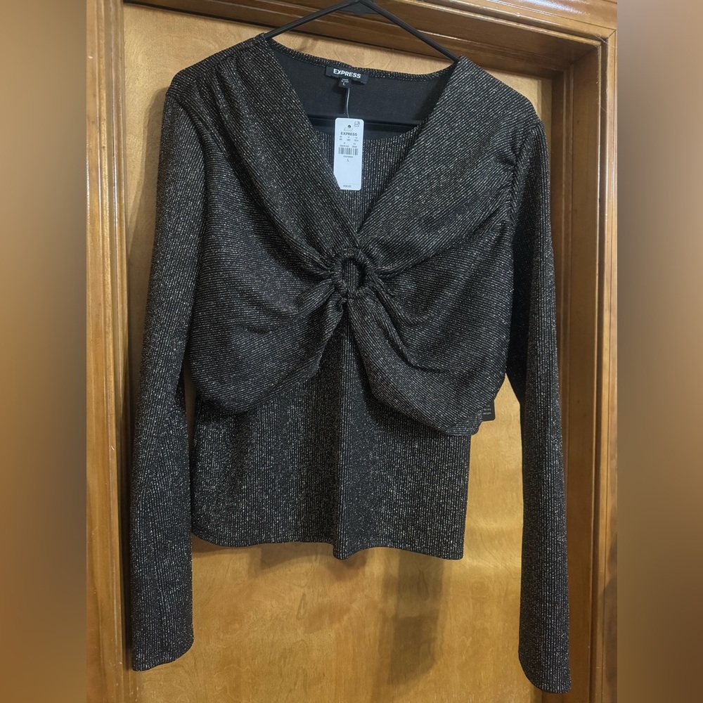 Express Metallic Charcoal Twist-Knot Long Sleeve Top